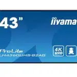 43-inch iiyama ProLite LH4360UHS-B2AG 4K UHD monitor with blue background, showing feature icons for ultra-high-definition resolution and additional display technology.