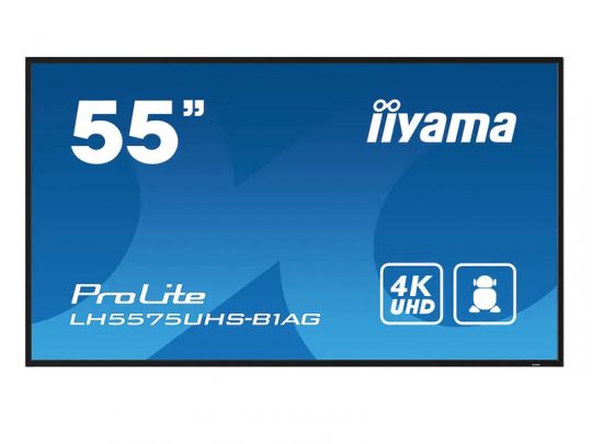 55-inch iiyama ProLite LH5575UHS-B1AG 4K UHD display screen with blue background and product details shown in white text.
