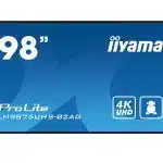 98-inch iiyama ProLite LH9875UHS-B2AG 4K UHD large format display with blue screen, 4K Ultra HD icon, and a person icon illustrating its size and clarity—ideal for professional and commercial use.