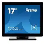 Front view of a 17-inch iiyama ProLite T1721MSC touchscreen monitor with a blue screen displaying the model name and a 10-point capacitive touch icon, highlighting its multi-touch functionality.