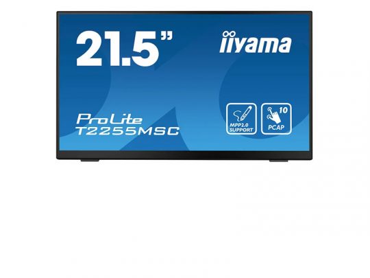 Front view of a 21.5-inch iiyama ProLite T2255MSC touchscreen monitor displaying a blue screen with the model name and icons for MPP2.0 support and 10-point PCAP touch technology.
