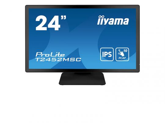 24-inch iiyama ProLite T2452MSC touchscreen monitor on a plain white background, displaying a blue screen with the model name, IPS panel, and PCAP technology icons.