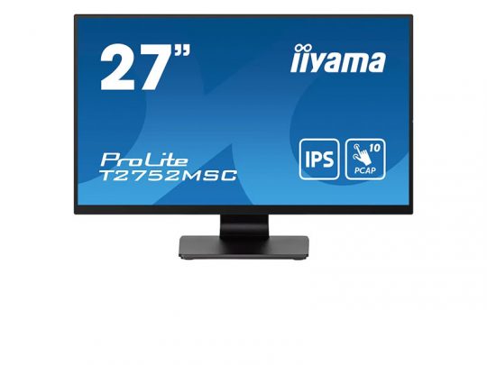 27-inch iiyama ProLite T2752MSC monitor with a blue screen displaying model name, IPS panel label, and 10-point PCAP touch feature; features slim bezels and a sturdy rectangular stand.