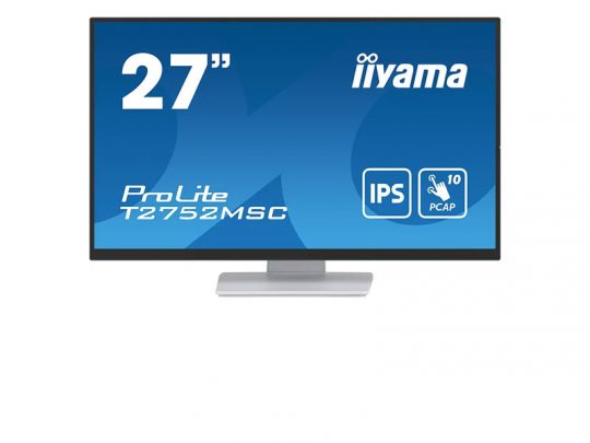 27-inch iiyama ProLite T2752MSC touchscreen computer monitor with a blue display showing IPS and PCAP icons, mounted on a sleek silver stand.