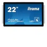 22-inch iiyama ProLite TF2215MC touchscreen monitor with a slim black frame, displaying a blue screen featuring the model name, touch icon, and IPS logo for wide viewing angles.