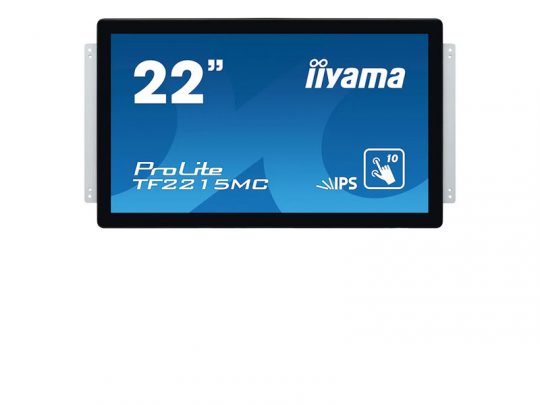 22-inch iiyama ProLite TF2215MC touchscreen monitor with a slim black frame, displaying a blue screen featuring the model name, touch icon, and IPS logo for wide viewing angles.