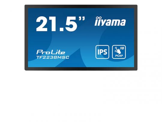 21.5-inch iiyama ProLite TF2238MSC touchscreen monitor with blue display, featuring on-screen IPS and 10-point PCAP icons highlighting its IPS panel and 10-point capacitive touch capabilities.