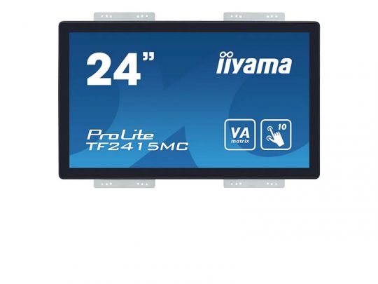 24-inch iiyama ProLite TF2415MC touchscreen monitor displayed on a white background, featuring a VA matrix panel and icons showing 10-point touch support.