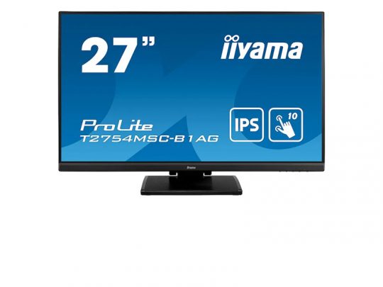 27-inch iiyama ProLite T2754MSC-B1AG monitor with a blue display showing the model name, an IPS panel icon, and a touch symbol indicating 10-point multitouch support. The monitor features a sleek black frame and is designed for professional or interactive use.