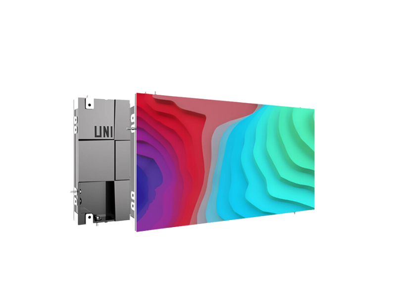 Rectangular LED display panel featuring a vibrant, layered abstract design, shown alongside its metallic mounting unit labeled UNI. The image highlights separate display and mounting units, emphasizing flexible rental or purchase options for versatile visual display needs.