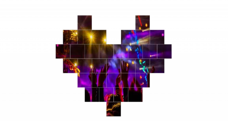 Heart-shaped collage with vibrant concert scenes, showing crowds raising hands and colorful LED lights in purple, yellow, and blue on a black background; features the LED Wand Modul 2.6mm – Unilumin URMIII 2.6 MK2 Pro (neuware) for sale. Perfect for dynamic stage displays and immersive event experiences.