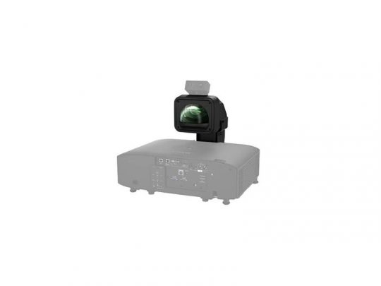 Close-up of the Epson ELPLX02S gray extreme wide-angle interchangeable projector lens attached to a projector, showing the lens facing forward with visible front ports and control buttons.