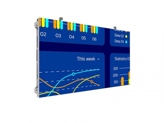Modern digital display screen showing weekly data and statistics with colorful blue, yellow, and orange line graphs and bar charts on a sleek interface.