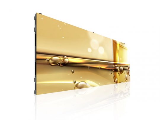 Rectangular LED display featuring a high-resolution close-up of golden oil with bubbles, shown against a white background and glossy reflection. Ideal for modern digital signage and advertising screens.