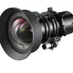 Close-up of a professional camera lens with wide hood, visible external gears, and connector, isolated on white background—ideal for advanced photography equipment and DSLR or mirrorless cameras.