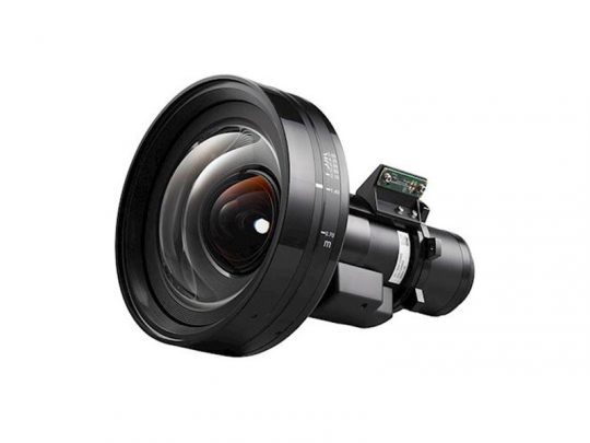 Close-up of a professional camera lens showing multiple glass elements and internal electronic components, isolated on a white background. Ideal for high-end photography equipment, this detailed image highlights the precision engineering of the camera lens.