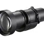 Large black professional camera lens with multiple adjustment rings, gears, and a sturdy mounting bracket, displayed on a white background. Ideal for high-quality photography and videography equipment needs.