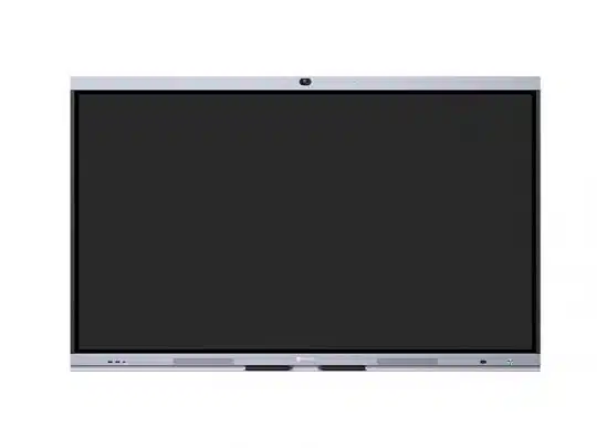 Large interactive flat-screen display panel with a sleek black screen and silver frame, featuring control buttons and sensors along the top and bottom edges, shown against a white background. Ideal for classrooms or business presentations.