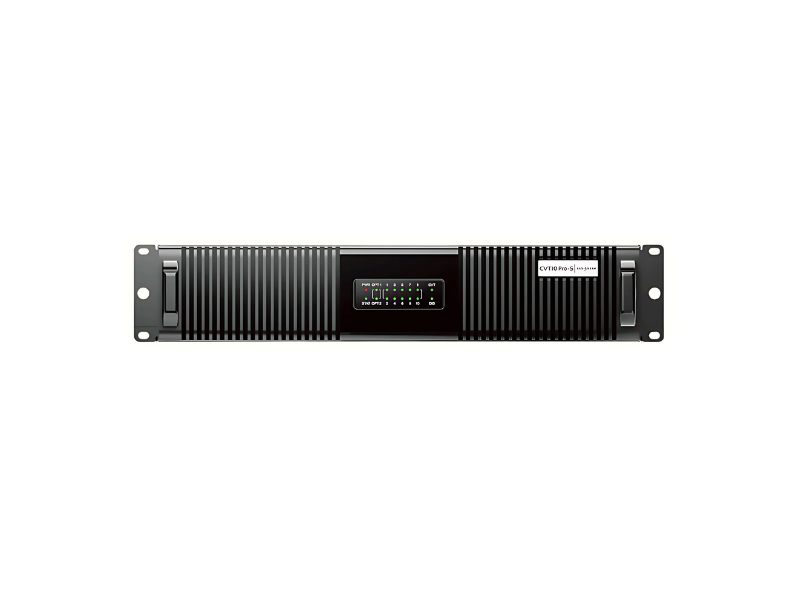 Front view of a black rack-mounted audio amplifier, featuring a central digital display, vertical vented panels on each side for cooling, and sturdy handles on both ends—ideal professional audio equipment for sound systems.