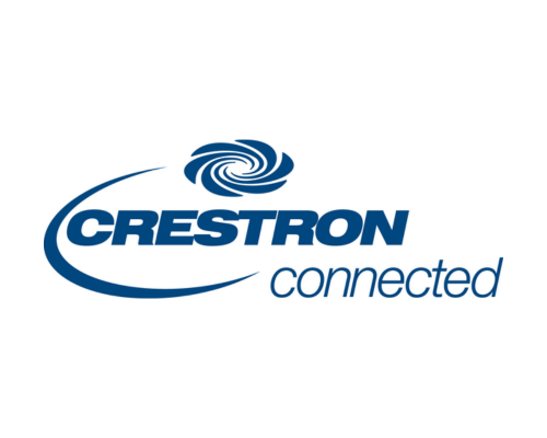 Crestron Connected logo featuring blue Crestron text with a swirling circular icon above, and a curved line leading to the word connected, all on a white background.