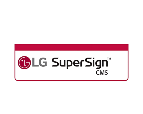 LG SuperSign CMS logo featuring the red and white LG icon on the left and the text LG SuperSign CMS in bold, modern font on the right, all on a clean white background.