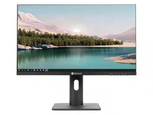 AG Neovo widescreen computer monitor with a slim black bezel, displaying a vibrant landscape of mountains, trees, and a lake. The AG Neovo logo appears on the lower bezel, with control buttons located on the right side. Ideal for office work and home entertainment setups.