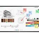 Digital whiteboard displaying architectural sketches, building drawing, color swatches, handwritten notes, and arrows for collaborative design planning—ideal for architects and creative teams.