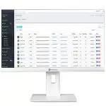White desktop monitor displaying a patient management system interface; screen shows a table of patient names, details, and action buttons, with a sidebar menu on the left and navigation options at the top. Ideal for healthcare professionals managing patient records digitally.