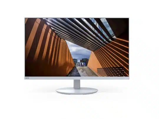 Modern white-bezel computer monitor displaying an image of striking architectural shadows from slatted beams over a bright orange walkway and stairs, set beneath a partly cloudy sky.