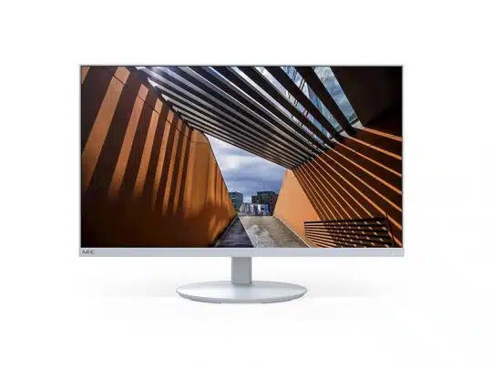 Computer monitor displaying a modern architectural design with vibrant orange walls and black slats creating striped shadows, leading towards an open blue sky. Sleek monitor highlights high image clarity for detailed viewing of contemporary structures.
