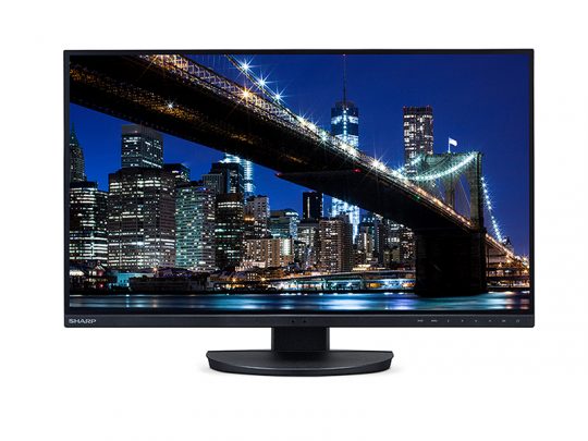 Widescreen computer monitor displaying a vibrant nighttime cityscape with illuminated skyscrapers and a brightly lit bridge, ideal for high-resolution viewing.