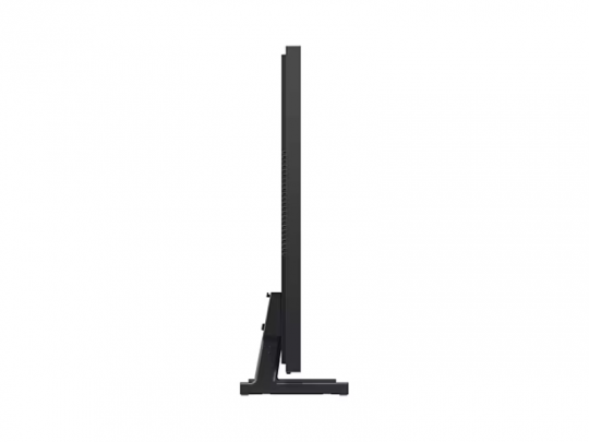 Side view of the Samsung The Frame 32 Zoll FullHD QLED-TV, showcasing its ultra-slim design and minimalist rectangular stand on a plain white background; available for rent.
