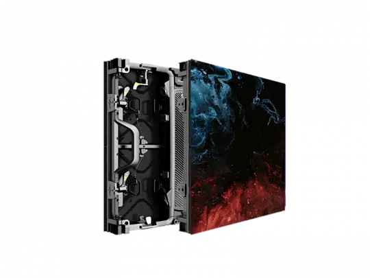 High-tech LED display panel, partially detached from its wall mount, exposing internal electronic components. The screen displays vivid abstract blue and red swirling patterns, showcasing advanced display technology. Ideal for digital signage and professional video walls.