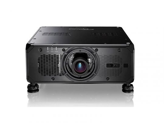 Front view of a black Optoma projector on a white background, featuring a central lens, ventilation grilles on both sides, and control buttons located on the top left.