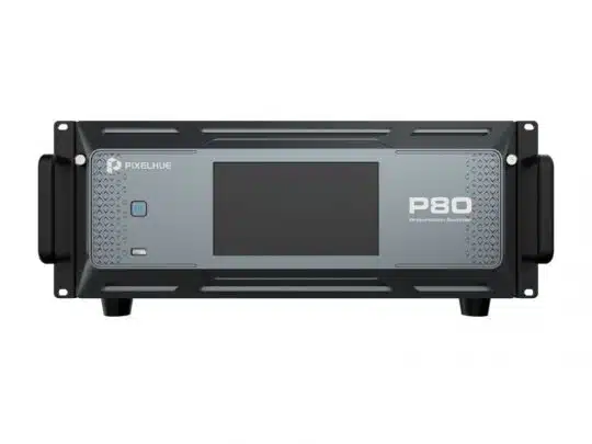 Front view of Pixelhue P80 Seamless Switcher showing large central display, side handles, labeled buttons, and left-side branding.