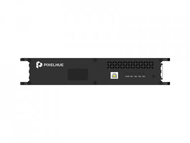 Front view of PIXELHUE EP4T-S HDMI to LWL converter with display, power button, status lights, and left-side PIXELHUE branding.