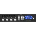 Rear view of PIXELHUE EP4T-S HDMI to LWL converter showing 4 HDMI inputs, 4 optical ports, vents, and blue AC power connector.