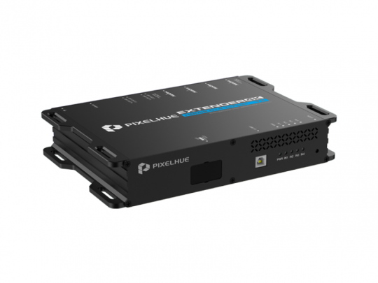 Import 90906 device in black with multiple ports, labeled LEDs, and ventilation holes for AV or network signal extension.