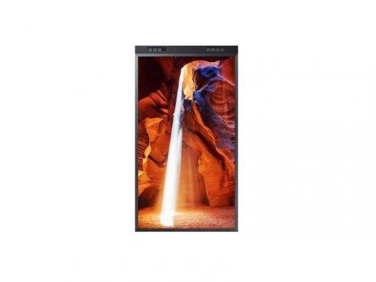 Samsung OM55N-DS 55 Inch Semi Outdoor Display on a plain white background, showing a vivid image of sunbeams illuminating orange and red canyon walls similar to Antelope Canyon. The sleek screen highlights the display’s bright, high-definition visuals suitable for outdoor or well-lit indoor settings.
