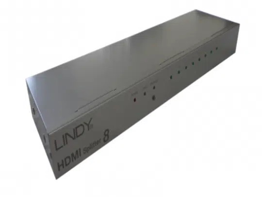 Silberner HDMI Splitter 1-8 von Lindy mit acht HDMI-Ausgängen, sichtbaren Front-Anzeigenleuchten und beschrifteten Ports - ideal zum Mieten oder Kaufen.