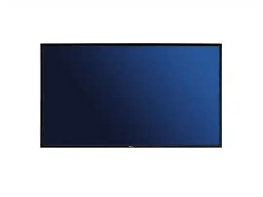 Flachbildfernseher mit schwarzem Rahmen und dunkelblauem, leerem Bildschirm, mittig vor weißem Hintergrund platziert - ideal zum Kaufen oder Mieten.