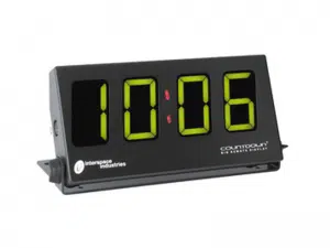 Remote Display 75mm von Interspace Industries - digitales Countdown-Timer-Display mit gut lesbaren, leuchtenden grünen Ziffern (10:06) in einem schwarzen, rechteckigen Gehäuse mit Montagehalterungen; unten links kleines weißes Logo und Text. Perfekt zum Mieten oder Kaufen für professionelle Präsentationen und Events.