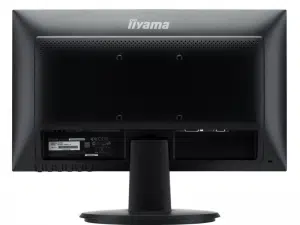 Rückansicht des 19,5 Zoll LED TFT Monitors iiyama ProLite E2083HSD-B1: Zu sehen sind der stabile Standfuß, Belüftungsschlitze, Anschlussports sowie das Produktetikett unten links. Perfekt für Büroanwendungen - jetzt mieten oder kaufen.