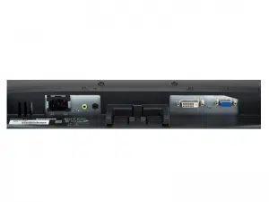Rückseite des 19,5 Zoll LED TFT Displays iiyama ProLite E2083HSD-B1: Nahaufnahme zeigt klar beschriftete Anschlüsse - Netzstecker, Audioeingang, DVI- und VGA-Port; ideal zur Display-Miete.