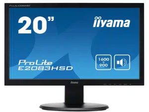 19,5 Zoll LED TFT Monitor iiyama ProLite E2083HSD-B1 mit 1600x900 Auflösung und integrierten Lautsprechern, zu sehen mit blauem Bildschirm - ideal zum Mieten oder Kaufen. Das Display steht auf einem schwarzen Standfuß vor weißem Hintergrund.