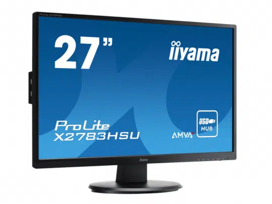 Seitenansicht des 27 Zoll LED TFT Monitors iiyama ProLite X2783HSU-B1 mit schwarzem Rahmen. Auf dem Display sind Feature-Icons wie AMVA+ Technologie und USB-Hub sichtbar. Perfekt zum Mieten oder Kaufen, ideal für Büro oder Homeoffice.