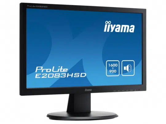 19,5 Zoll LED TFT Monitor iiyama ProLite E2083HSD-B1 auf rundem Standfuß, aus schräger Perspektive fotografiert. Der Bildschirm zeigt einen blauen Hintergrund mit dem Modellnamen, der Auflösung 1600x900 und einem Lautsprechersymbol. Ideal als Mietmonitor für Büro und Event.