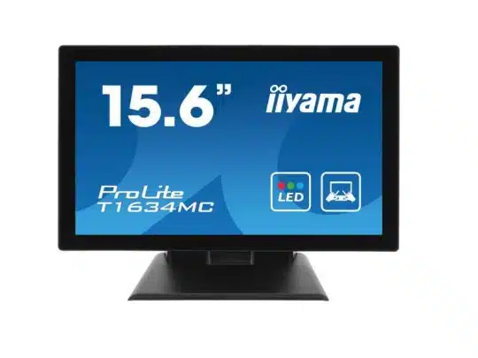 Frontalaufnahme des 15,6 Zoll Dual-Touch-Displays iiyama ProLite T1634MC-B2; auf dem Bildschirm sind Icons für LED-Technologie und Touch-Funktion sichtbar - idealer Touchscreen-Monitor zum Mieten.