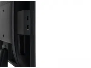 Rückseite des 27 Zoll Monitors iiyama ProLite X2783HSU-B1 als Nahaufnahme; sichtbar sind zwei USB-Anschlüsse, der Monitorständer sowie ein weißer Hintergrund. Perfekt geeignet zum Kaufen oder Mieten.