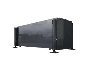 LED Container 31m² (7,36m x 4,16m) in Dunkelgrau mit vier stabilen Stützfüßen an den Ecken, freistehend und ideal zur Miete; isoliert auf transparentem Hintergrund abgebildet.